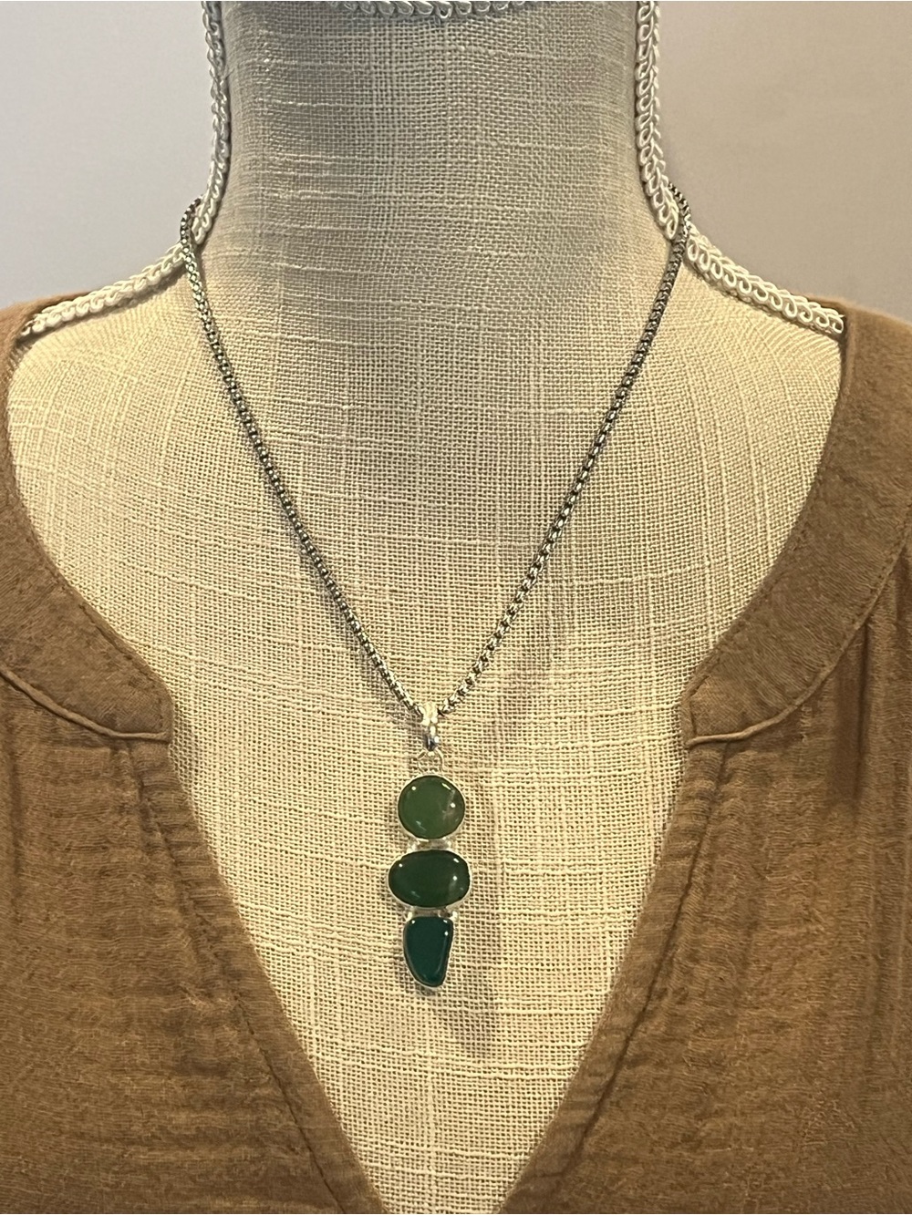 Triple Green Chalcedony Pendant Necklace - Silver Chain